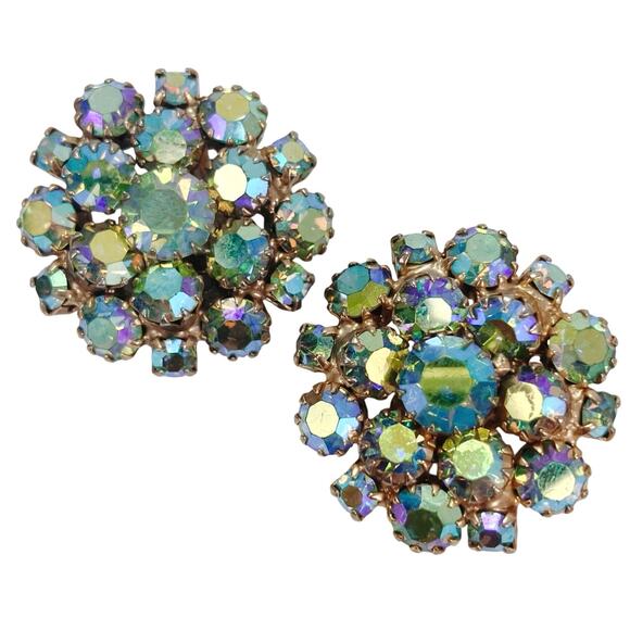 VTG Mid Century Earrings AB Rhinestone Cluster Clip On Gold Tone 1950s 60s - Picture 1 of 16